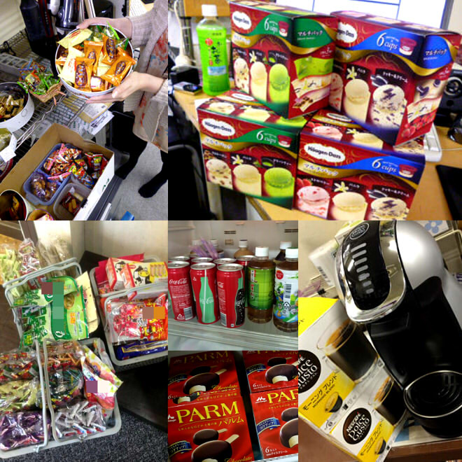 待機室には食べ物も充実☆バリスタもあるので自由に飲んで食べてね♫